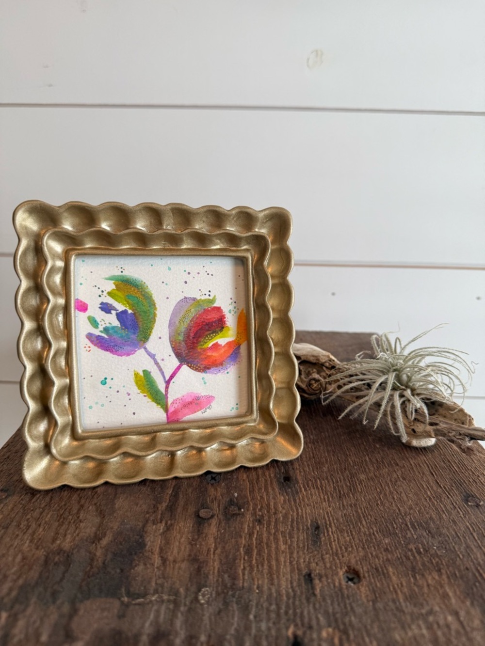 Handcrafted watercolor original in 4x4 Gold Scalloped frame